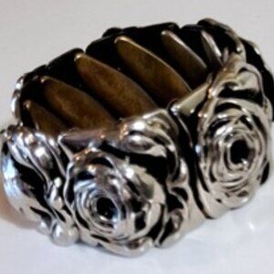 Wide Chrome Chunky Metal Rose Cuff Bracelet